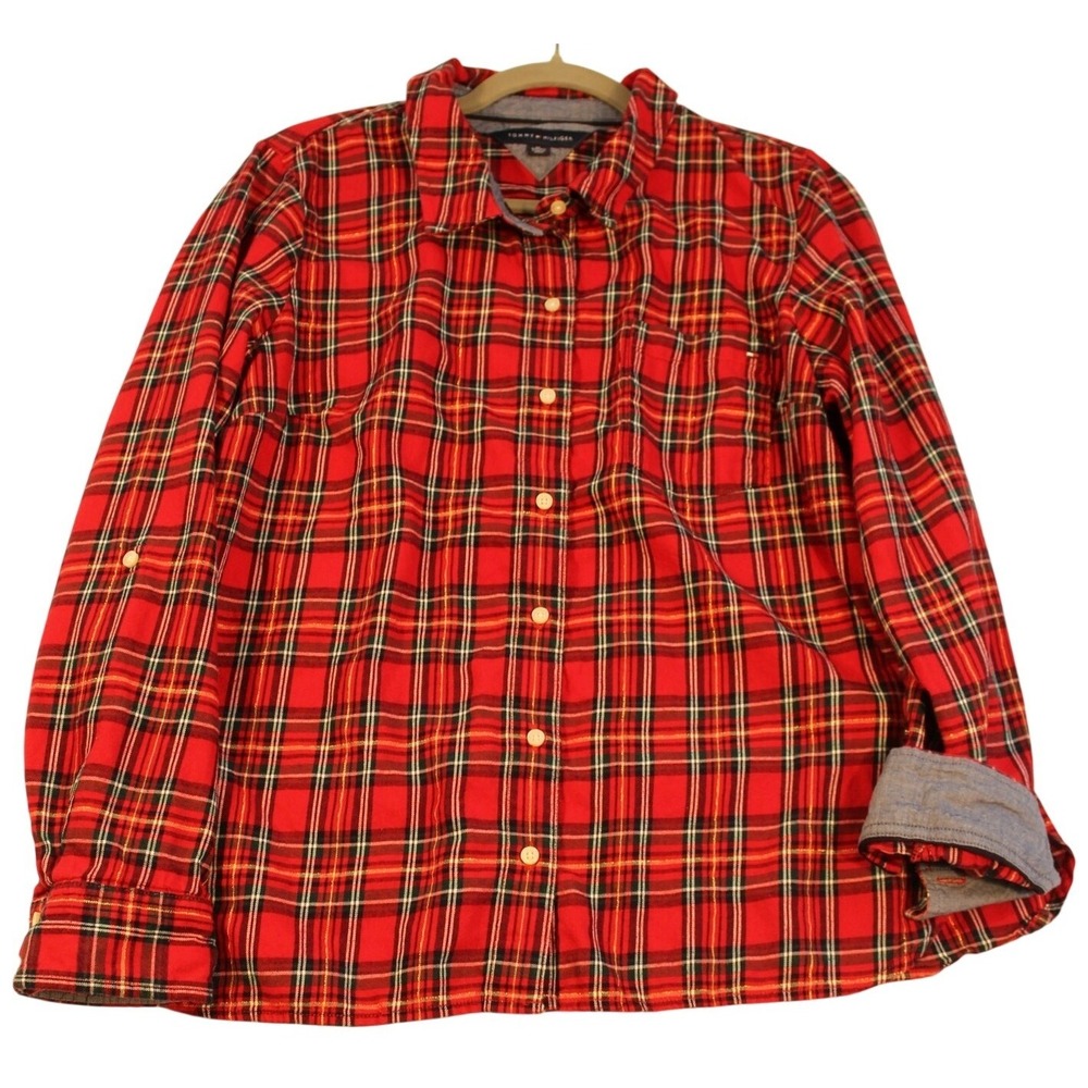 Tommy Hilfiger Womens XL Red Tartan Plaid Shirt Metallic Thread Chambray Trim